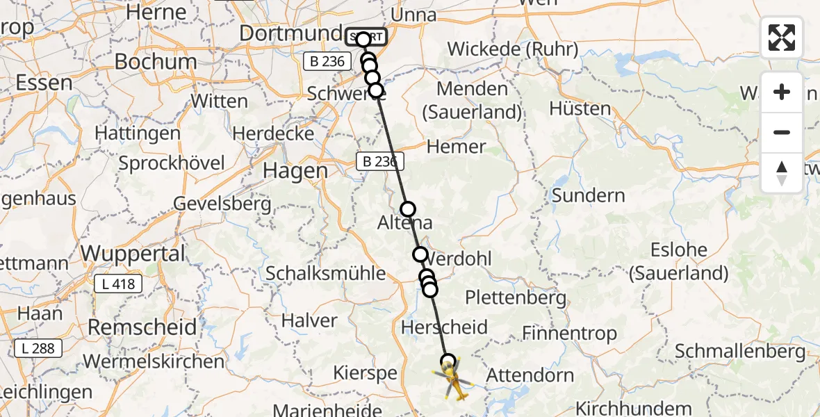 Flugroute Rettungshubschrauber Dortmund Flughafen - Meinerzhagen, 05 August 2026, 20:18