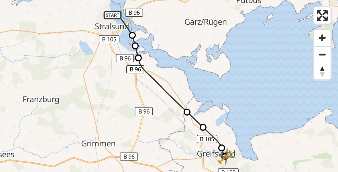 Flugroute Rettungshubschrauber Stralsund - Greifswald Hospital, 05 August 2026, 20:44
