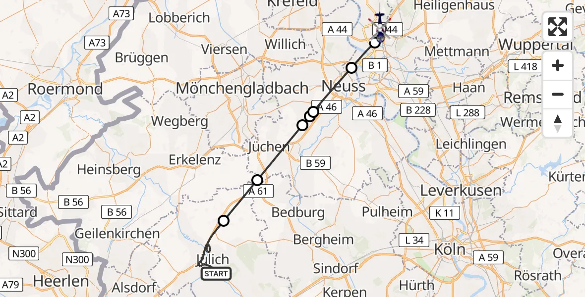 Flugroute Polizeihubschrauber Jülich - Düsseldorf Flughafen, 05 August 2026, 20:50