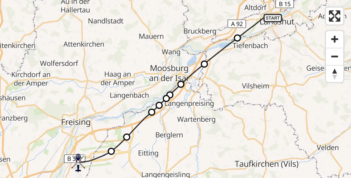 Flugroute Polizeihubschrauber Landshut - München Flughafen, 05 August 2026, 21:10