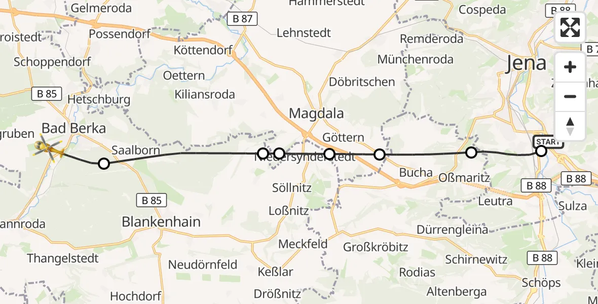 Flugroute Ambulanzhubschrauber Lobeda Hubschrauberlandeplatz - Bad Berka Central Hospital, 05 August 2026, 21:15