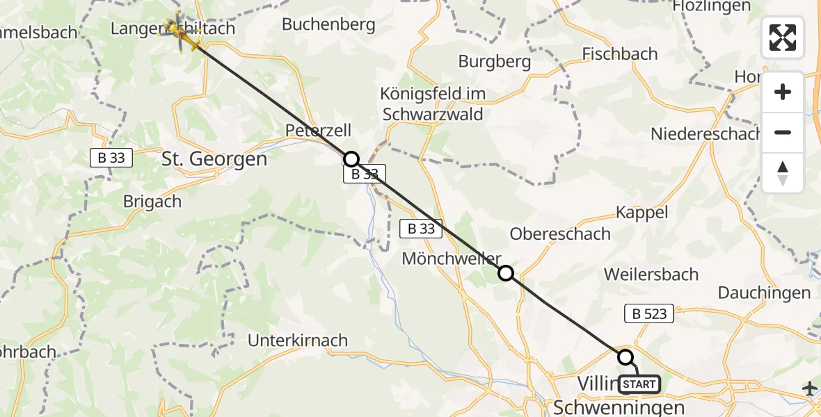 Flugroute Ambulanzhubschrauber DRF Air Rescue Station Villingen-Schwenningen Hubschrauberlandeplatz (Christoph 11) - St. Georgen im Schwarzwald, 05 August 2026, 21:16