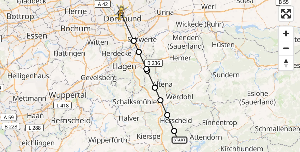 Flugroute Rettungshubschrauber Meinerzhagen - Dortmund Hospital North, 05 August 2026, 21:20
