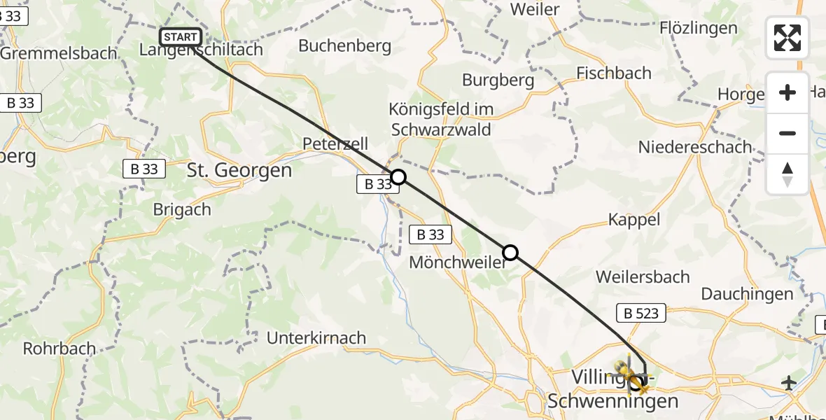 Flugroute Ambulanzhubschrauber St. Georgen im Schwarzwald - DRF Air Rescue Station Villingen-Schwenningen Hubschrauberlandeplatz (Christoph 11), 05 August 2026, 21:58