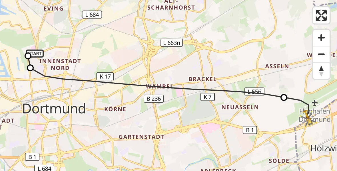 Flugroute Rettungshubschrauber Dortmund Hospital North - Dortmund Flughafen, 05 August 2026, 22:38