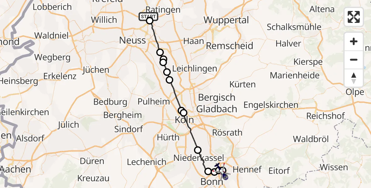 Flugroute Polizeihubschrauber Düsseldorf Flughafen - Sankt Augustin, 05 August 2026, 23:55
