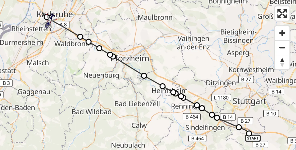 Flugroute Polizeihubschrauber Flughafen Stuttgart - Karlsruhe, 06 August 2026, 03:15