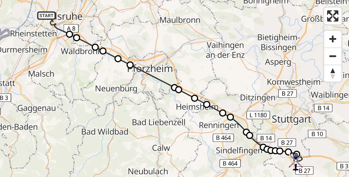 Flugroute Polizeihubschrauber Karlsruhe - Flughafen Stuttgart, 06 August 2026, 04:08