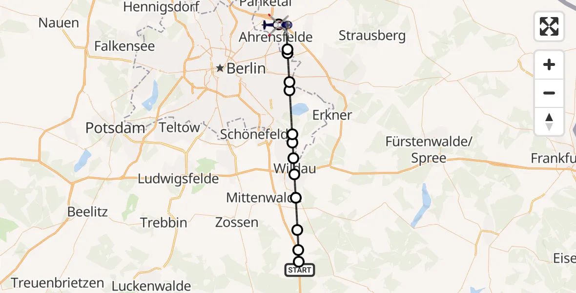 Flugroute Polizeihubschrauber Teupitz - Ahrensfelde Hubschrauberlandeplatz, 06 August 2026, 04:35