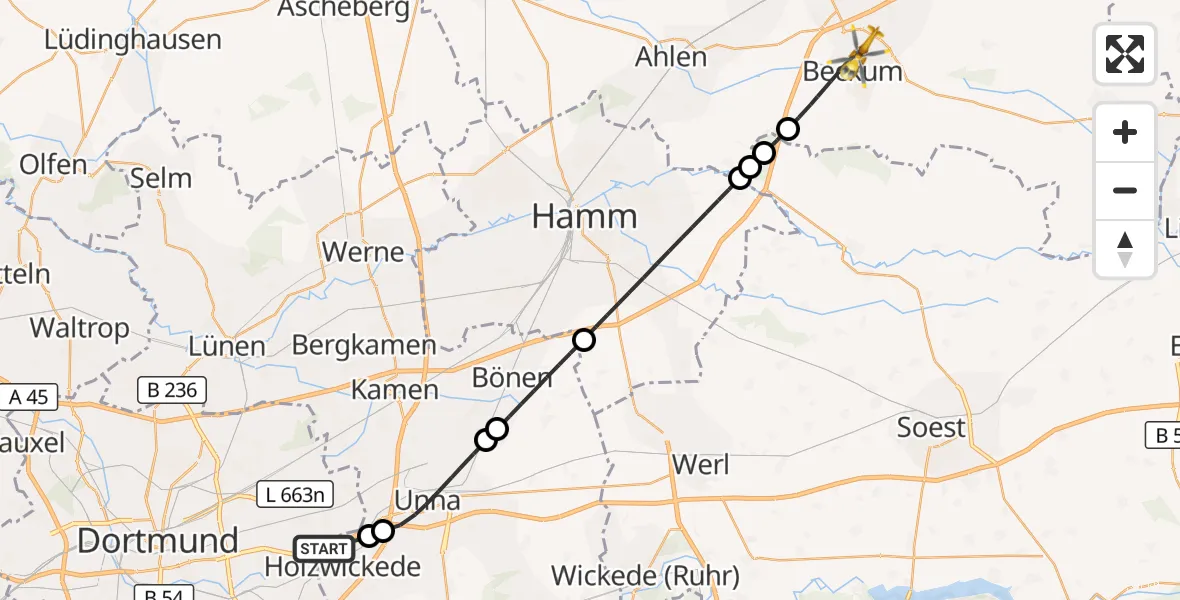 Flugroute Rettungshubschrauber Dortmund Flughafen - Beckum, 06 August 2026, 04:51