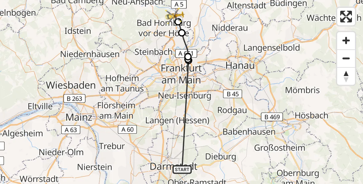 Flugroute Rettungshubschrauber Darmstadt - Friedrichsdorf, 06 August 2026, 05:04