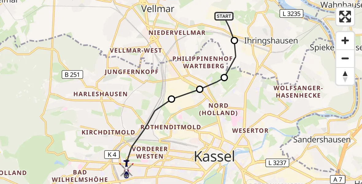 Flugroute Polizeihubschrauber Fuldatal Bundespolizei Hubschrauberlandeplatz - Kassel, 06 August 2026, 05:05