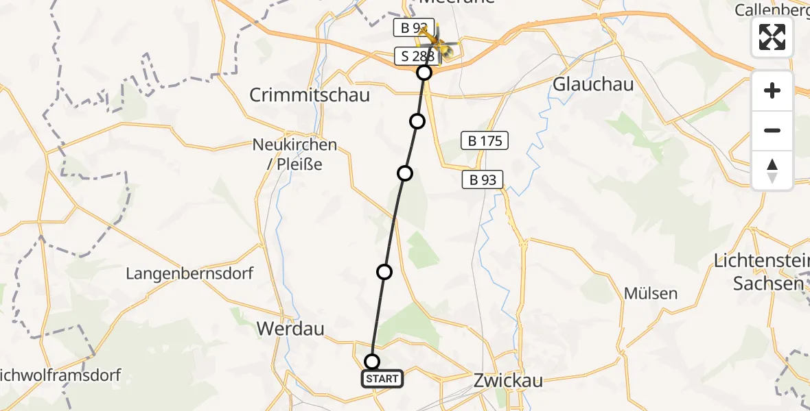 Flugroute Rettungshubschrauber ADAC Air Rescue Station Zwickau Hubschrauberlandeplatz - Meerane, 06 August 2026, 05:20