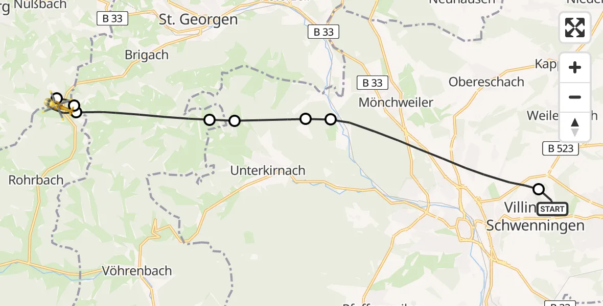 Flugroute Ambulanzhubschrauber DRF Air Rescue Station Villingen-Schwenningen Hubschrauberlandeplatz (Christoph 11) - Furtwangen im Schwarzwald, 06 August 2026, 05:21