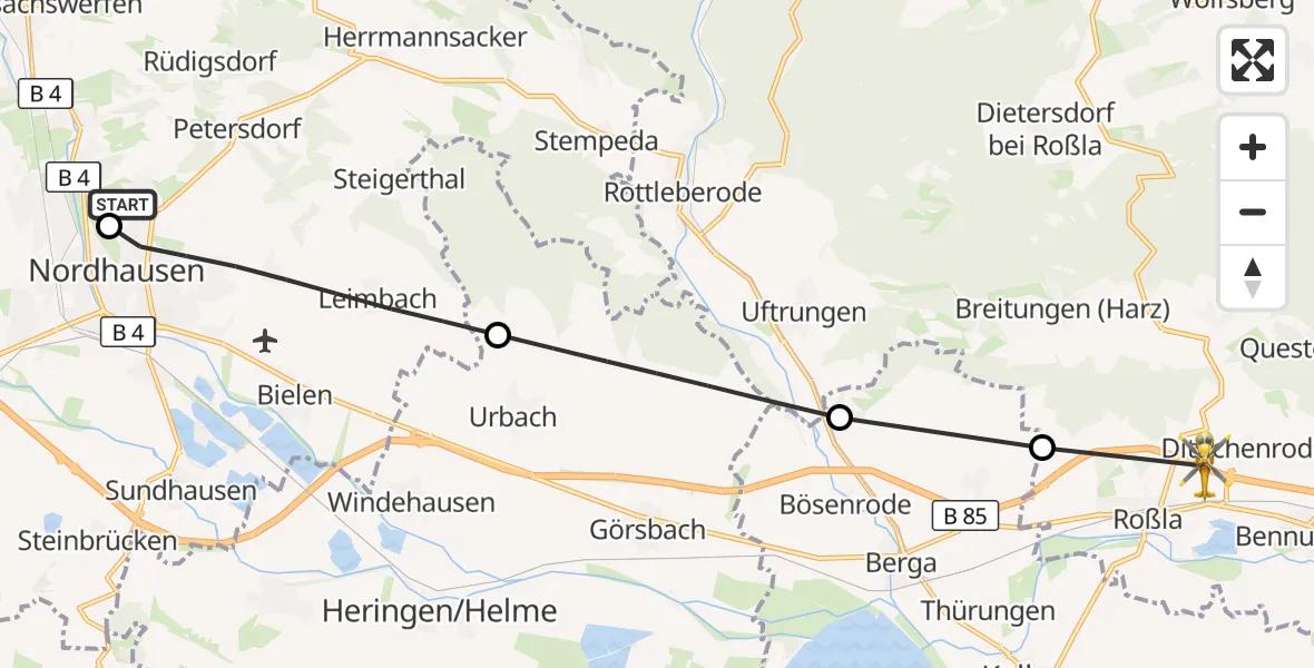 Flugroute Rettungshubschrauber Südharz Hospital Nordhausen - Südharz, 06 August 2026, 05:22