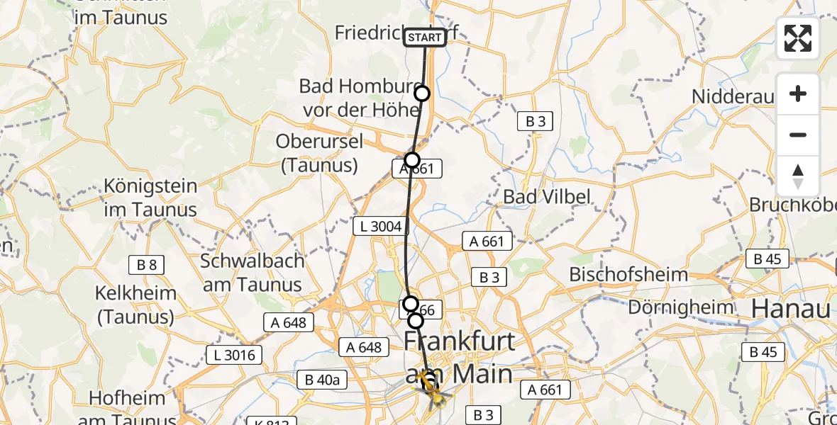 Flugroute Rettungshubschrauber Friedrichsdorf - Frankfurt University Hospital, 06 August 2026, 05:36