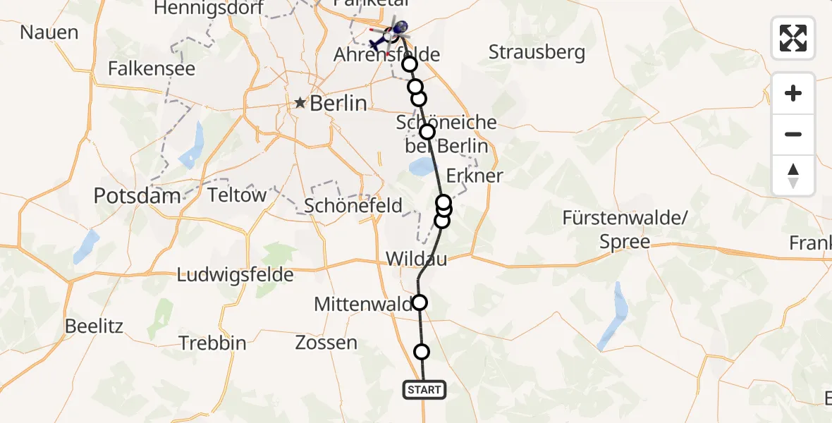 Flugroute Polizeihubschrauber Groß Köris - Ahrensfelde Hubschrauberlandeplatz, 06 August 2026, 05:40