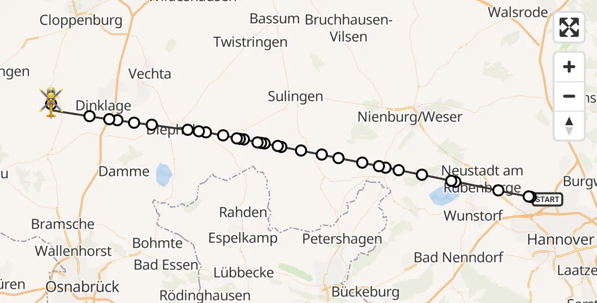 Flugroute Rettungshubschrauber Flughafen Hannover - Quakenbrück, 06 August 2026, 05:40