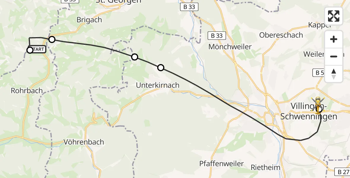 Flugroute Ambulanzhubschrauber Furtwangen im Schwarzwald - DRF Air Rescue Station Villingen-Schwenningen Hubschrauberlandeplatz (Christoph 11), 06 August 2026, 05:45