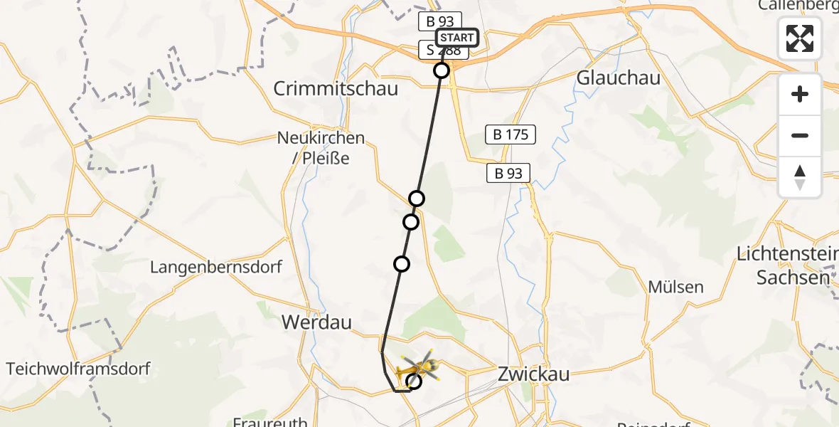 Flugroute Rettungshubschrauber Meerane - ADAC Air Rescue Station Zwickau Hubschrauberlandeplatz, 06 August 2026, 05:57