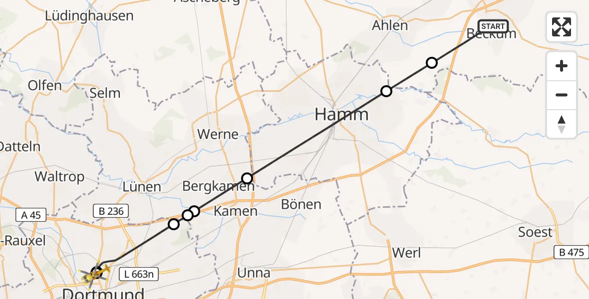 Flugroute Rettungshubschrauber Beckum - Dortmund Hospital North, 06 August 2026, 05:58