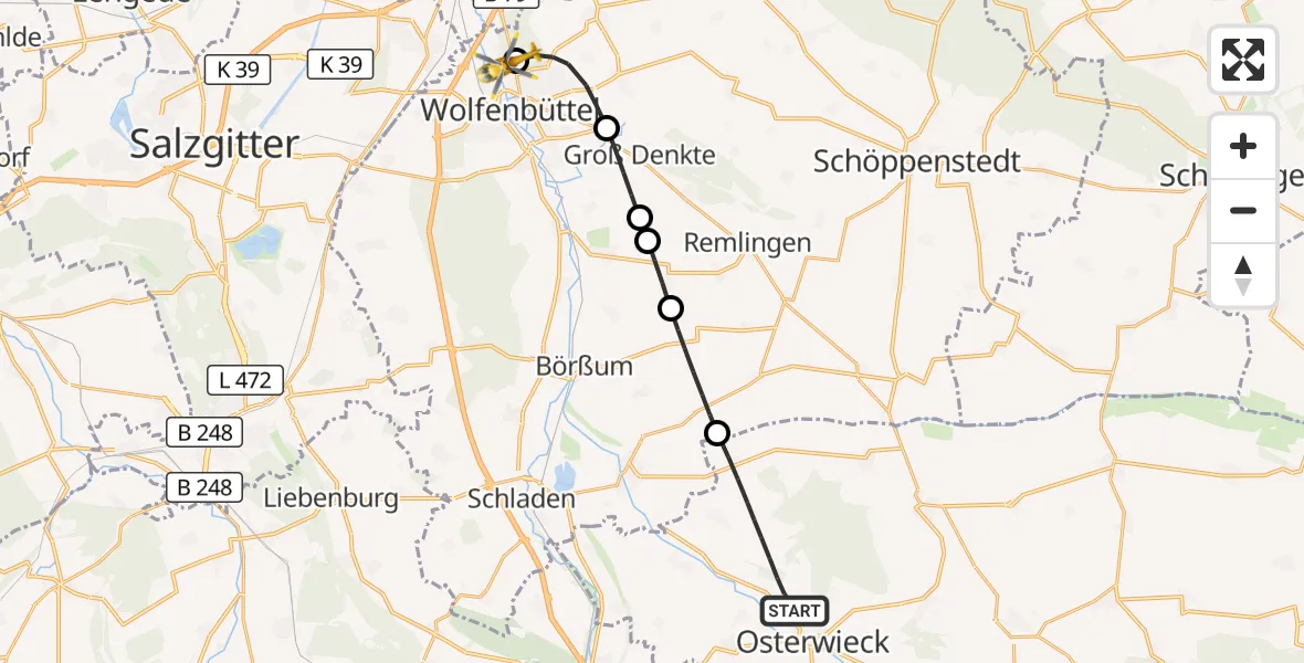 Flugroute Rettungshubschrauber Osterwieck - Wolfenbüttel Municipal Hospital Heliport (Christoph 30), 06 August 2026, 05:59