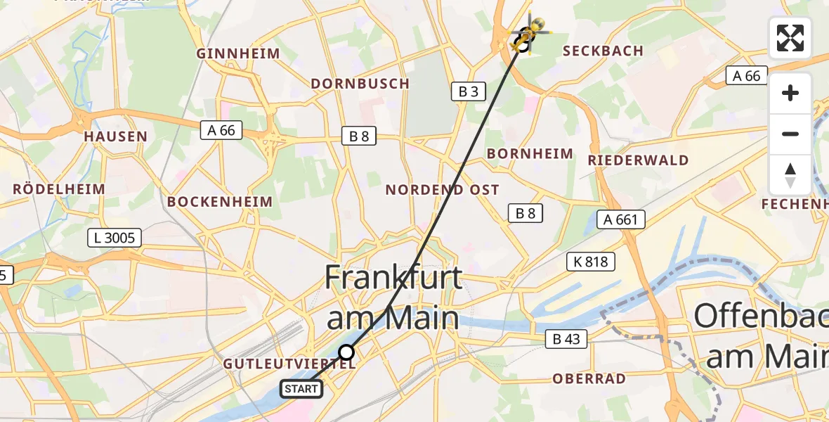 Flugroute Rettungshubschrauber Frankfurt University Hospital - Frankfurt am Main Accident Hospital Roof Helipad (CHX2), 06 August 2026, 06:05