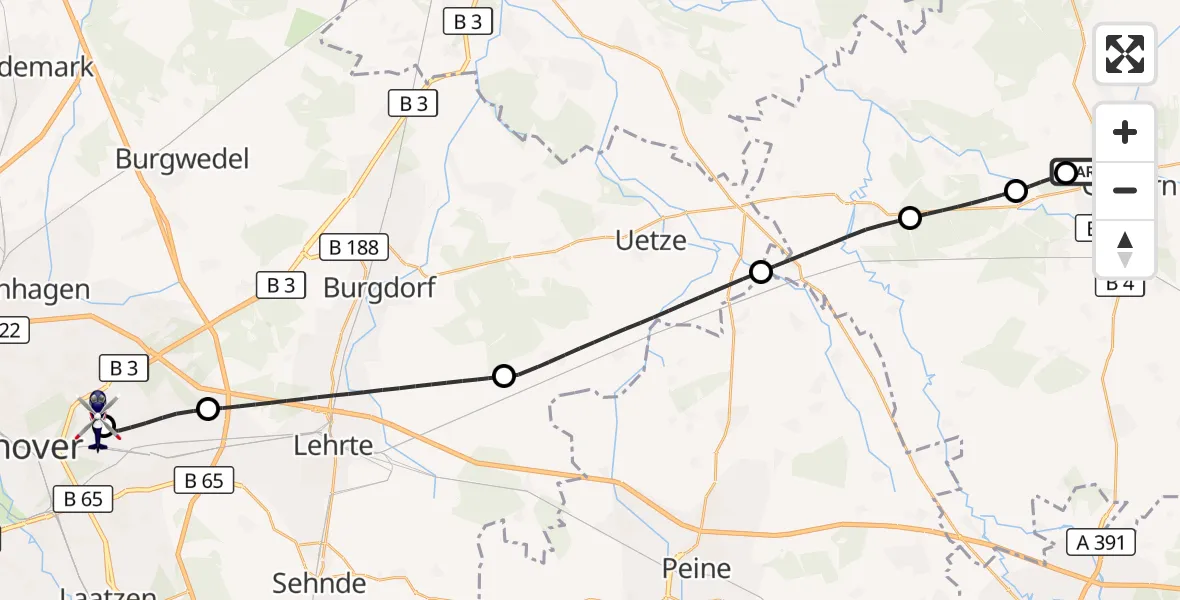 Flugroute Polizeihubschrauber Gifhorn Bundespolizei Hubschrauberlandeplatz - Hannover Luftrettung Hubschrauberlandeplatz (Christoph 4), 06 August 2026, 06:08