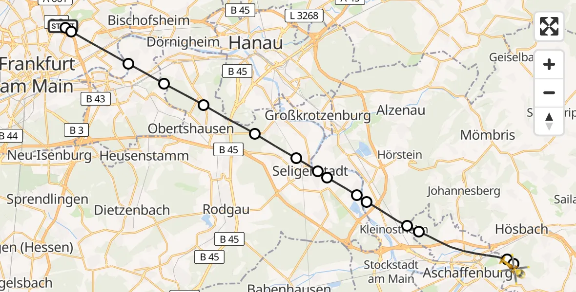 Flugroute Rettungshubschrauber Frankfurt am Main Accident Hospital Roof Helipad (CHX2) - Aschaffenburg Krankenhaus Hubschrauberlandeplatz, 06 August 2026, 06:16