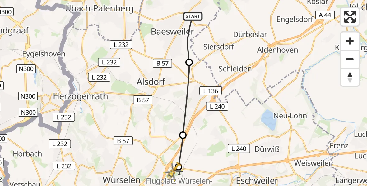 Flugroute Rettungshubschrauber Baesweiler - Aachen-Merzbrück Flughafen, 06 August 2026, 06:22