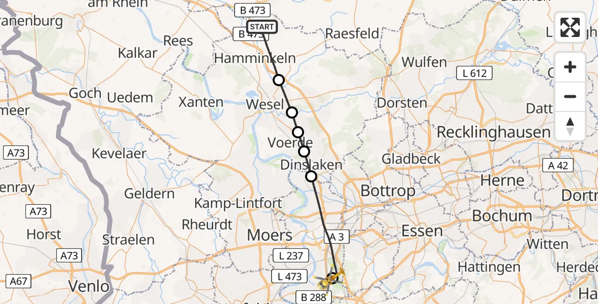 Flugroute Rettungshubschrauber Hamminkeln - Duisburg Air Rescue Hubschrauberlandeplatz (Christoph 9), 06 August 2026, 06:42