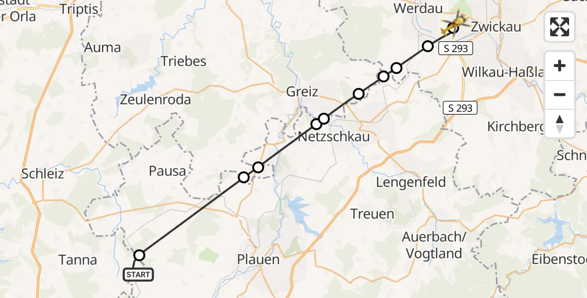 Flugroute Rettungshubschrauber Tanna - ADAC Air Rescue Station Zwickau Hubschrauberlandeplatz, 06 August 2026, 06:43
