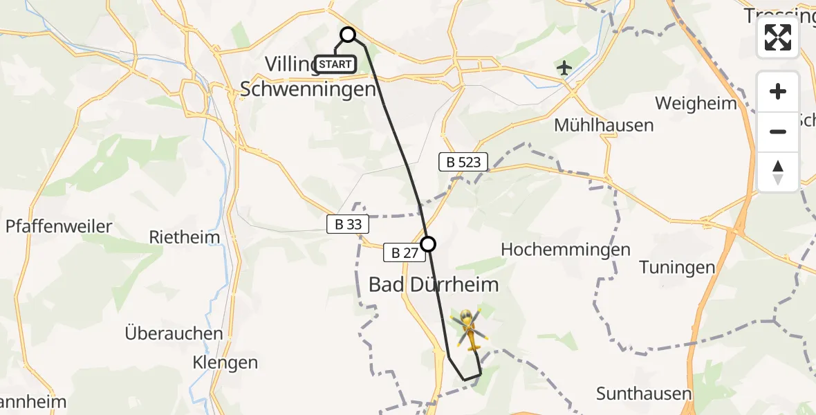 Flugroute Ambulanzhubschrauber DRF Air Rescue Station Villingen-Schwenningen Hubschrauberlandeplatz (Christoph 11) - Bad Dürrheim, 06 August 2026, 06:44