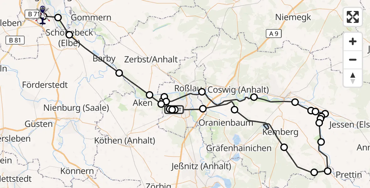 Flugroute Polizeihubschrauber Dessau Flugplatz - Magdeburg City Flugplatz, 06 August 2026, 06:58