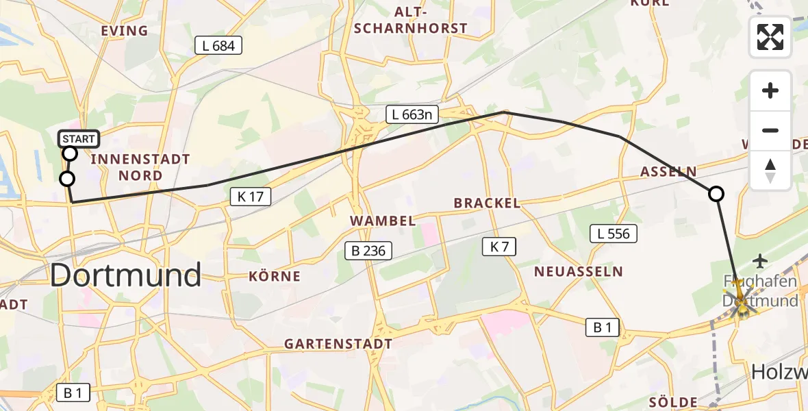 Flugroute Rettungshubschrauber Dortmund Hospital North - Dortmund Flughafen, 06 August 2026, 06:59