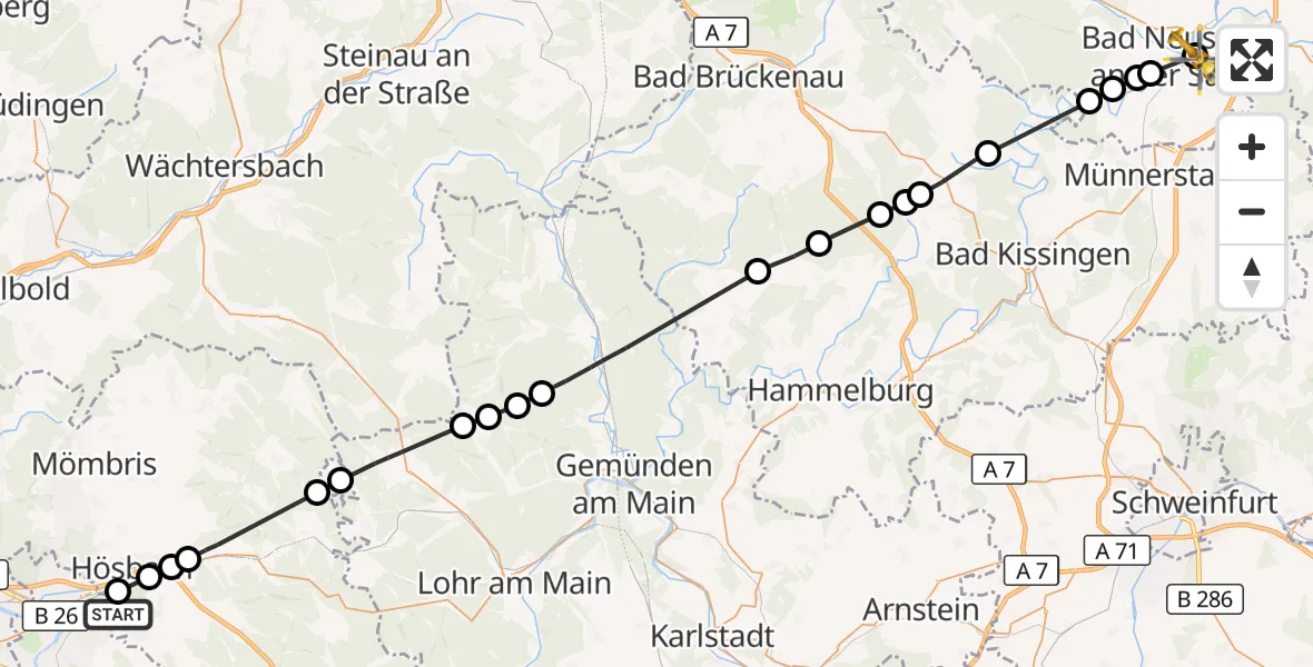 Flugroute Rettungshubschrauber Aschaffenburg Hospital - Bad Neustadt an der Saale Hospital, 06 August 2026, 07:07