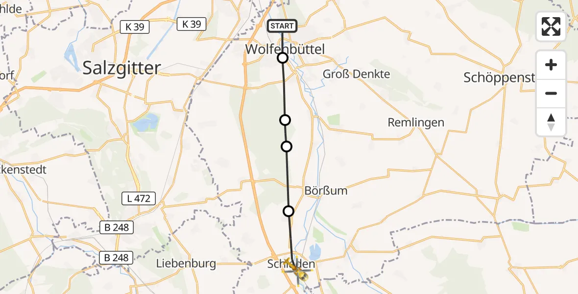 Flugroute Rettungshubschrauber Wolfenbüttel Municipal Hospital Heliport (Christoph 30) - Schladen-Werla, 06 August 2026, 07:12