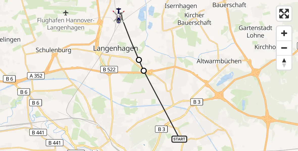 Flugroute Polizeihubschrauber Hannover Luftrettung Hubschrauberlandeplatz (Christoph 4) - Langenhagen, 06 August 2026, 07:18