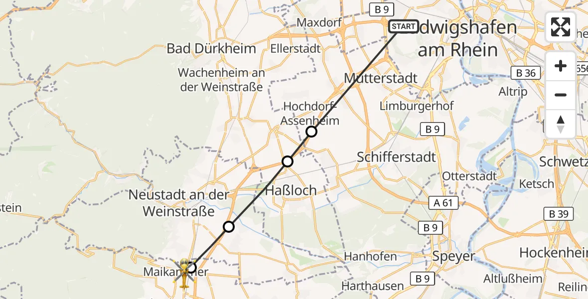 Flugroute Rettungshubschrauber Ludwigshafen am Rhein - Kirrweiler (Pfalz), 06 August 2026, 07:19