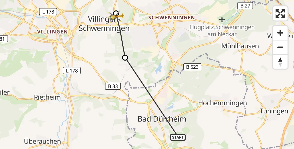Flugroute Ambulanzhubschrauber Bad Dürrheim - DRF Air Rescue Station Villingen-Schwenningen Hubschrauberlandeplatz (Christoph 11), 06 August 2026, 07:20