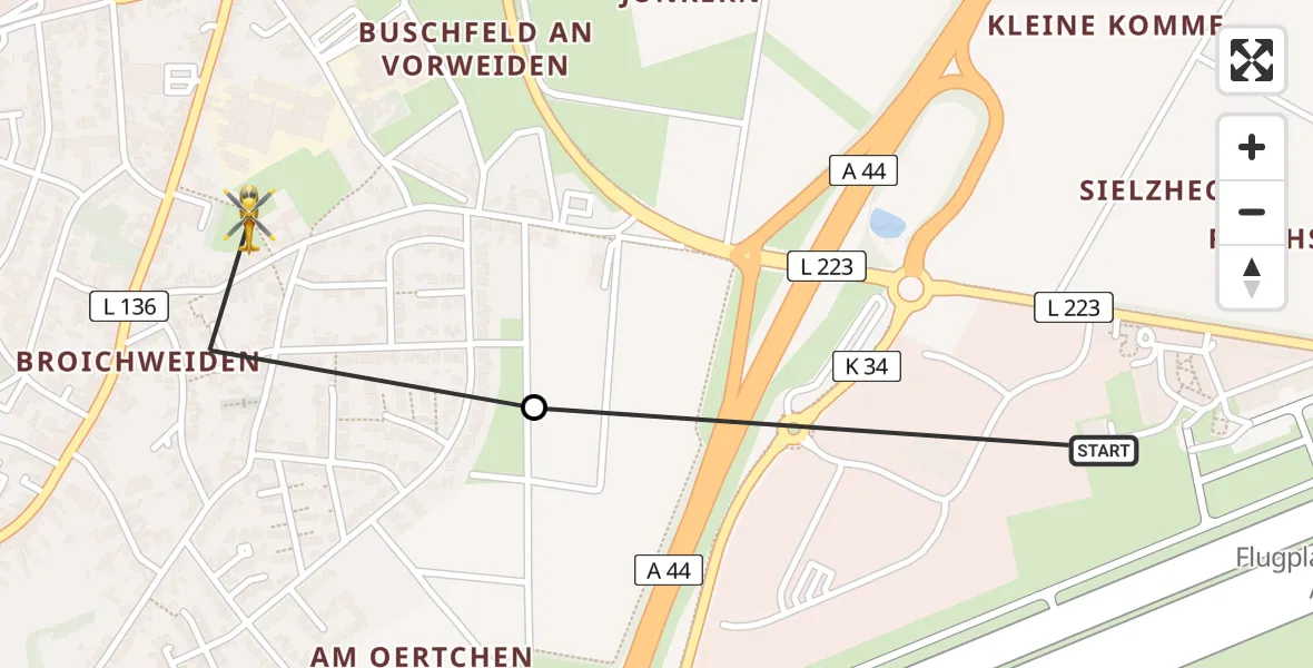 Flugroute Rettungshubschrauber Aachen-Merzbrück Flughafen - Würselen, 06 August 2026, 07:25