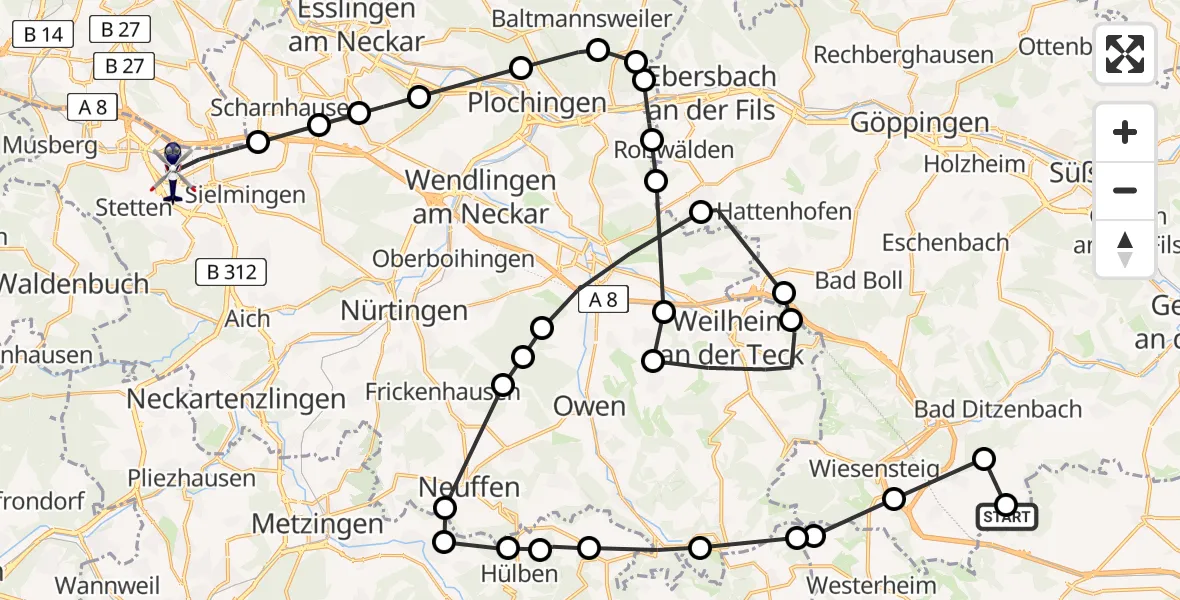 Flugroute Polizeihubschrauber Merklingen - Flughafen Stuttgart, 06 August 2026, 07:47
