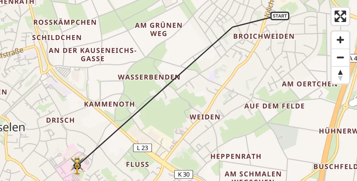 Flugroute Rettungshubschrauber Würselen - Rhein-Maas Hospital, 06 August 2026, 07:49