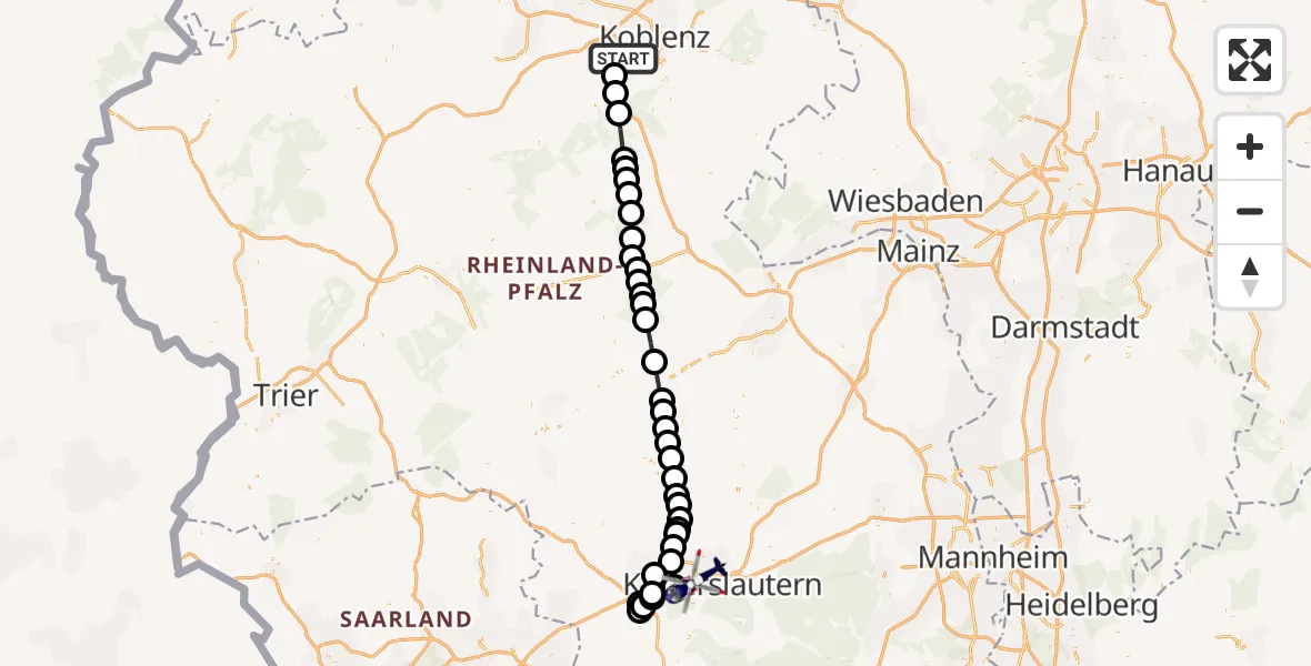 Flugroute Polizeihubschrauber Winningen - Kaiserslautern, 06 August 2026, 07:58