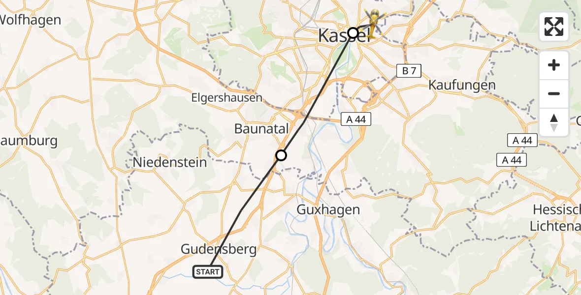 Flugroute Rettungshubschrauber Gudensberg - Kassel, 06 August 2026, 08:00