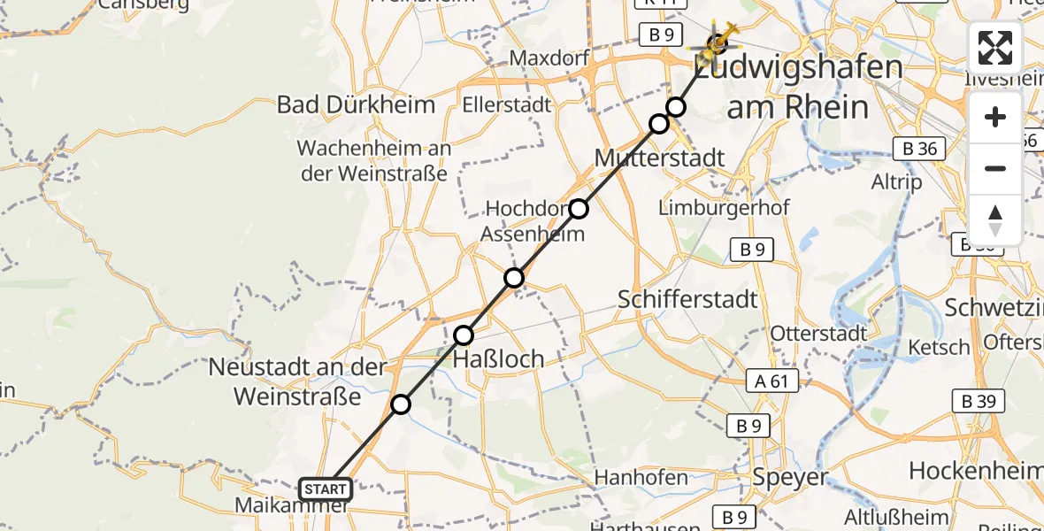 Flugroute Rettungshubschrauber Kirrweiler (Pfalz) - Ludwigshafen Accident Hospital, 06 August 2026, 08:03