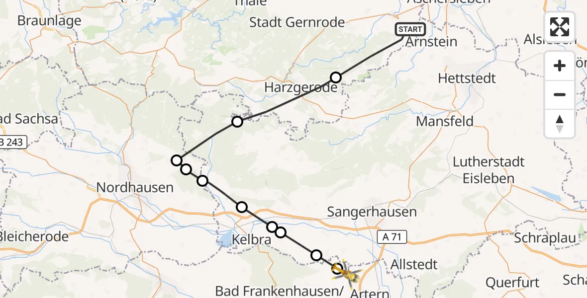 Flugroute Rettungshubschrauber Falkenstein/Harz - Artern, 06 August 2026, 08:05
