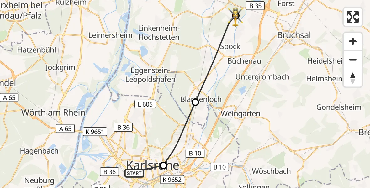 Flugroute Ambulanzhubschrauber Sankt Vincentius Hospital - Karlsdorf-Neuthard, 06 August 2026, 08:07