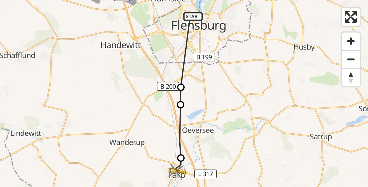 Flugroute Ambulanzhubschrauber Flensburg - Tarp, 06 August 2026, 08:16