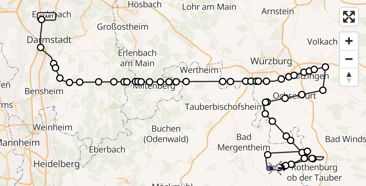 Flugroute Polizeihubschrauber Flughafen Frankfurt-Egelsbach - Militärflugplatz Niederstetten, 06 August 2026, 08:31